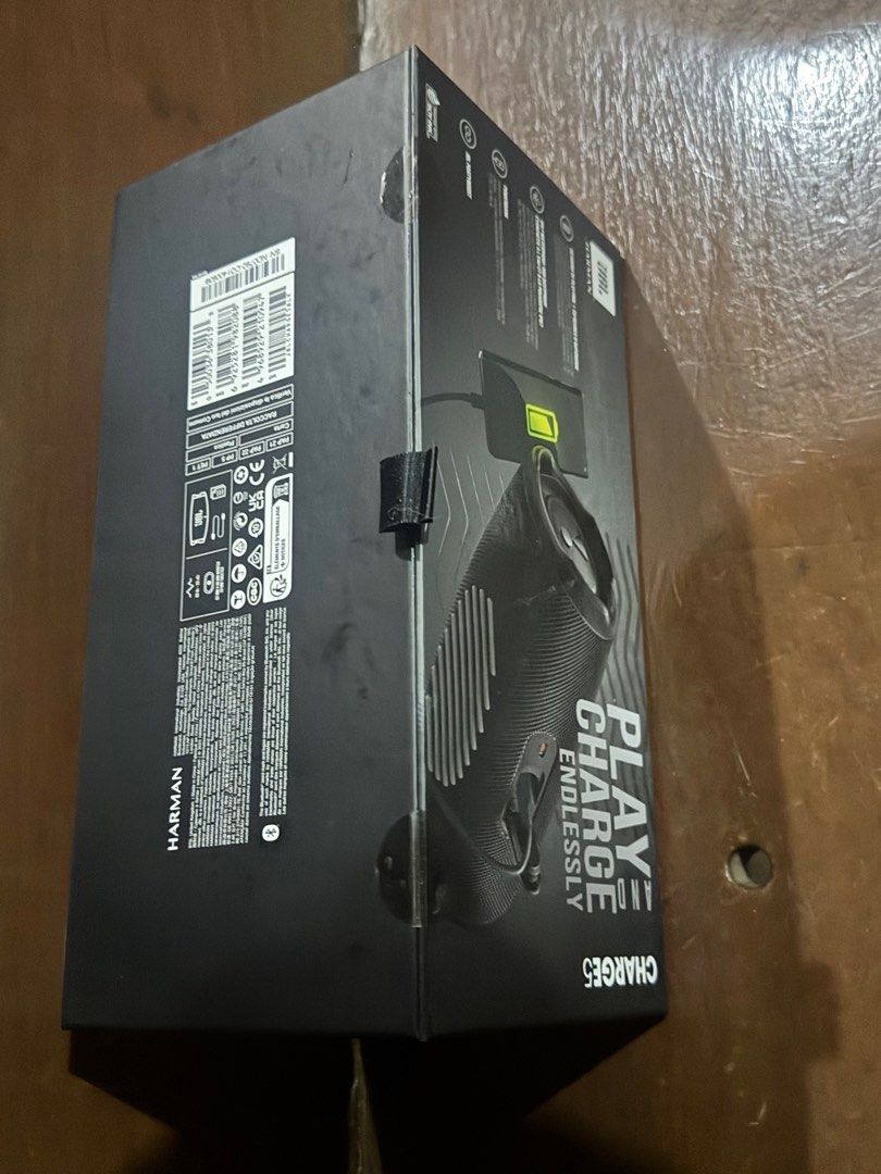 JBL Charge 5 Bluetooth Speaker (Category: Soundbars, Speakers & Amplifiers) located in Taguig. Submitted by onlineseller1 (Listing ID 1396789358, Image 2). Description: - JBL Charge 5 Bluetooth speaker - Color: Black - Bluetooth 5.1 - Up to 20 hours of playtime - Features shown on box - Made by Harman.
