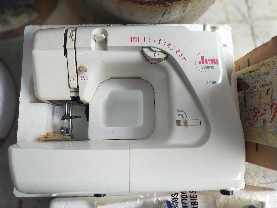 Janome Jem Compact N-105 Sewing Machine (Category: Craft Supplies & Tools) located in Taytay. Submitted by archie2427 (Listing ID 1396818894, Image 2). Description: - Jem Compact N-105 sewing machine - Comes with original packaging - Brand new old stock never been used - Features various stitch settings - Compact white design - Suitable for various sewing projects - Untested.
