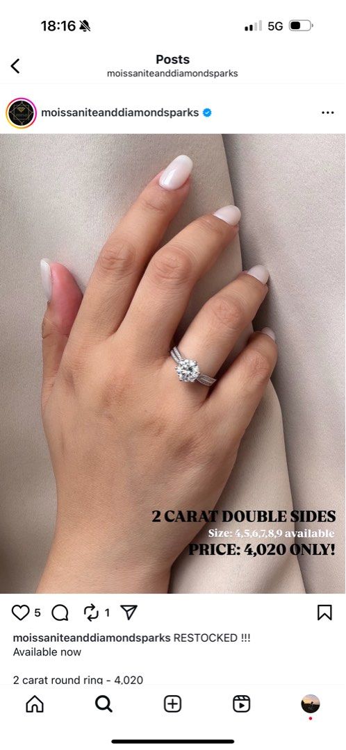 Moissanite ring 2 carat double side (Category: Rings) located in Malabon City. Submitted by decluttergyal (Listing ID 1396764813, Image 1). Description: Size 5 Got this from the IG store indicated in the screenshot above. Only fitted never worn outside. RFS: No longer my style, I find it hard to stack with my other rings .