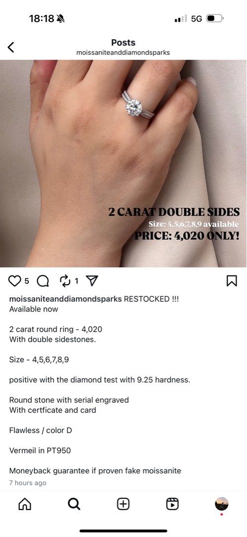 Moissanite ring 2 carat double side (Category: Rings) located in Malabon City. Submitted by decluttergyal (Listing ID 1396764813, Image 2). Description: Size 5 Got this from the IG store indicated in the screenshot above. Only fitted never worn outside. RFS: No longer my style, I find it hard to stack with my other rings .