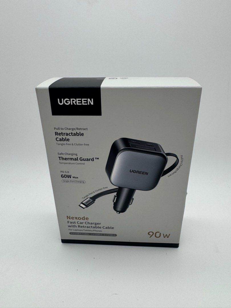 UGREEN Nexode Car Charger 90W with Retractable USB-C Cable (Category: Chargers & Cables) located in Makati City. Submitted by jc.cuerdo (Listing ID 1396826863, Image 1). Description: Built-in 70cm Retractable USB-C Cable: Cable extends smoothly and retracts automatically to keep your car clutter- free. 90W Total Output, 60W via Cable: Charge two devices at once with up to 90W combined; power your phone to 56% in 30 mins. 3-in-1 Simultaneous Charg