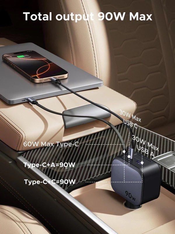 UGREEN Nexode Car Charger 90W with Retractable USB-C Cable (Category: Chargers & Cables) located in Makati City. Submitted by jc.cuerdo (Listing ID 1396826863, Image 3). Description: Built-in 70cm Retractable USB-C Cable: Cable extends smoothly and retracts automatically to keep your car clutter- free. 90W Total Output, 60W via Cable: Charge two devices at once with up to 90W combined; power your phone to 56% in 30 mins. 3-in-1 Simultaneous Charg