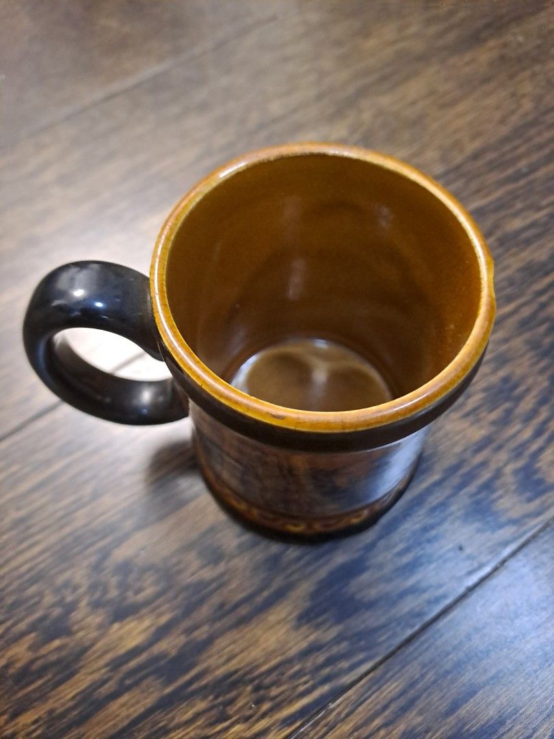 Vintage Ceramic Mugs (Category: Coffee & Tea Tableware) located in Manila. Submitted by joanbalde39643 (Listing ID 1396809821, Image 2). Description: - Set of two vintage ceramic mugs - Brown and yellow color scheme - Decorative design - Black handles - Yellow interior - Ceramic material.