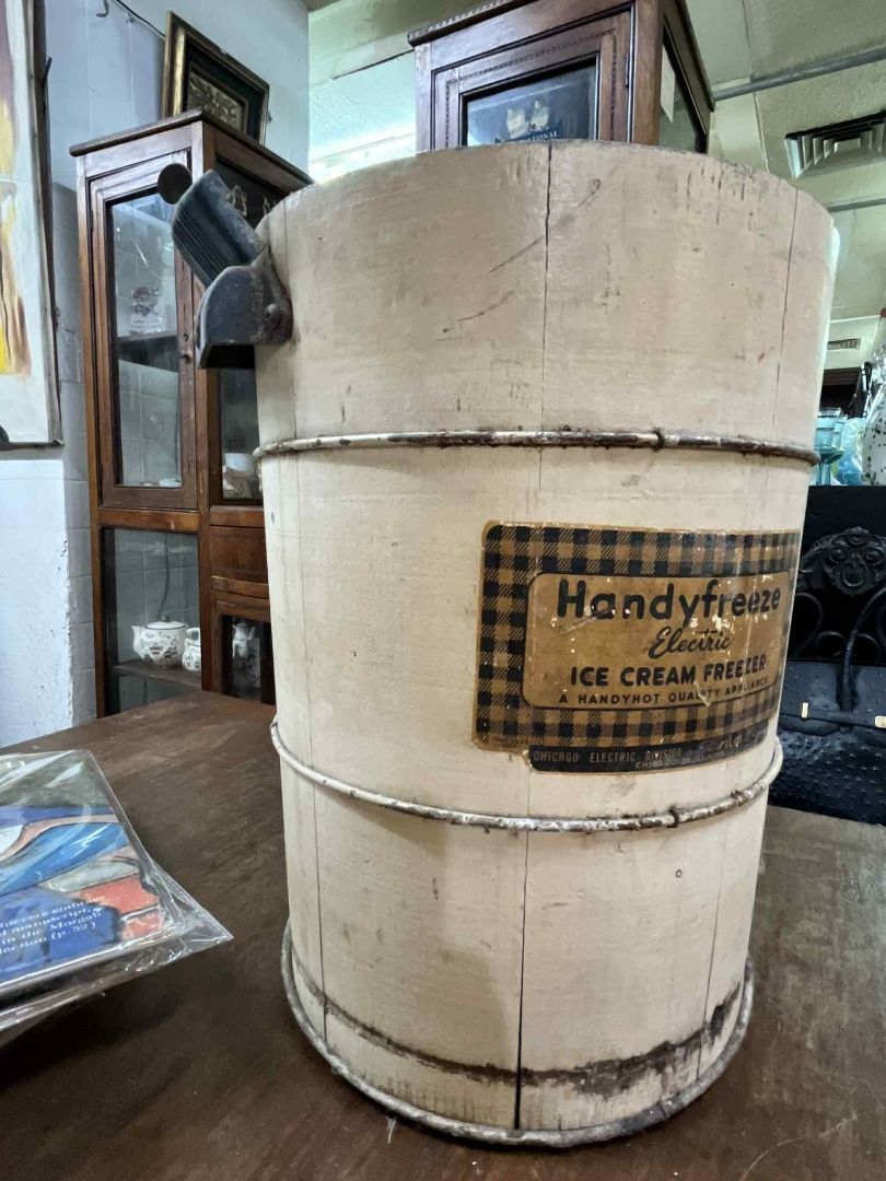 Vintage Ice Cream Maker - Handy Freezer (Category: Food Organization & Storage) located in Makati City. Submitted by antiquehappy (Listing ID 1396752783, Image 3). Description: Condition Used - Good This is a neat looking vintage item probably 1940s-50s, electric ice cream freezer. However, it is missing the top electric churning gadget. It's a nice white wooden bucket with stainless steel canister and parts. Condition ; Good with some rust outsi