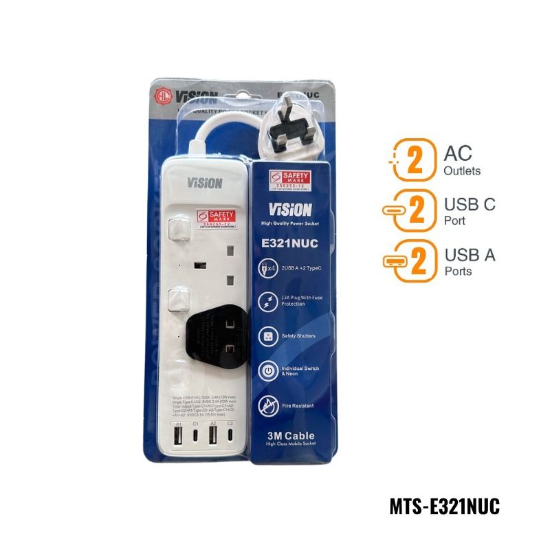 ViSiON 2/3/4/5 WAY USB A+C Multi Plug Extension Socket with Individual ...