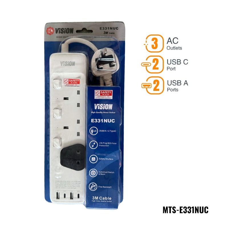 ViSiON 2/3/4/5 WAY USB A+C Multi Plug Extension Socket with Individual ...
