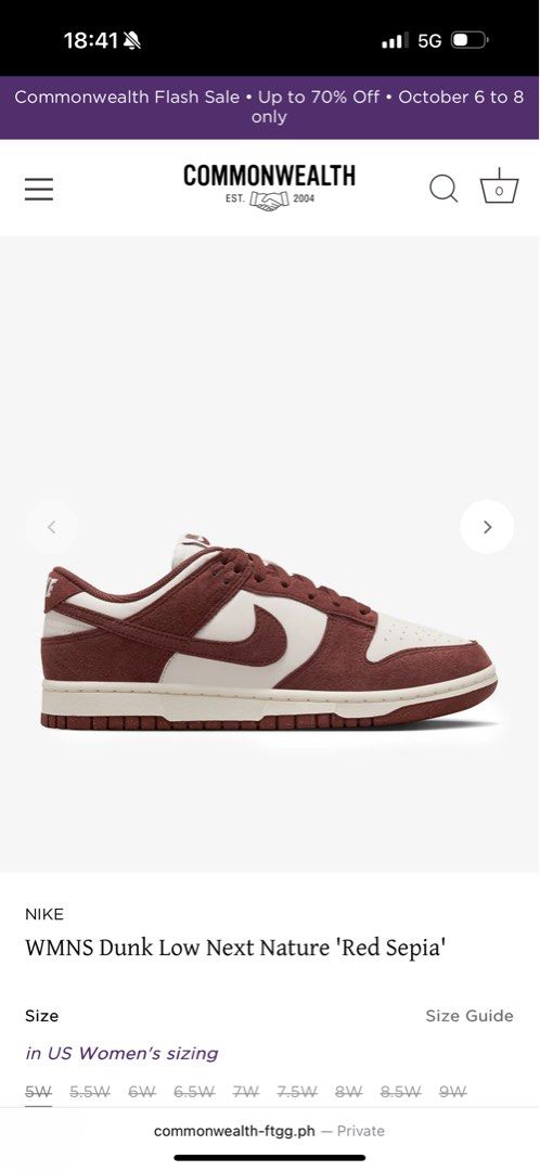 WMNS Nike Dunk Low Next Nature Red Sepia (Category: Sneakers) located in Malabon City. Submitted by decluttergyal (Listing ID 1396771033, Image 1). Description: Bought from Spatio, Opus Mall. Used twice, can pass as brand new once cleaned. Bought for 6k + The color’s so pretty in actual. No minor or major issues, just needs cleaning but I can clean it up for you Size is EUR 38.5. For reference my feet in inches: 8/9 No more haggling please tags: 