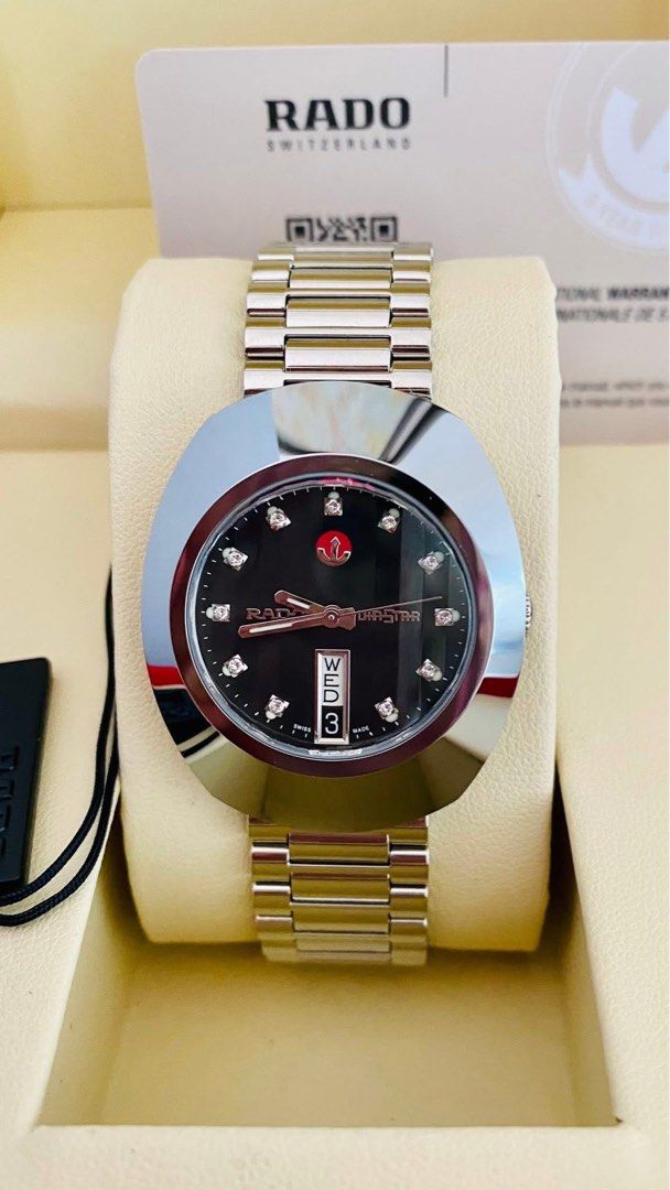 BRAND NEW Rado Diastar Watch (Category: Men's Watches) located in Manila. Submitted by annafinds (Listing ID 1396873723, Image 1). Description: ₱47,500 Auth BRAND NEW Rado Diastar Watch -35mm Case Size -Sapphire Glass -Black Dial -Swiss Made -Stainless Steel -Automatic Movement -Inclusion Card & Tag Only .