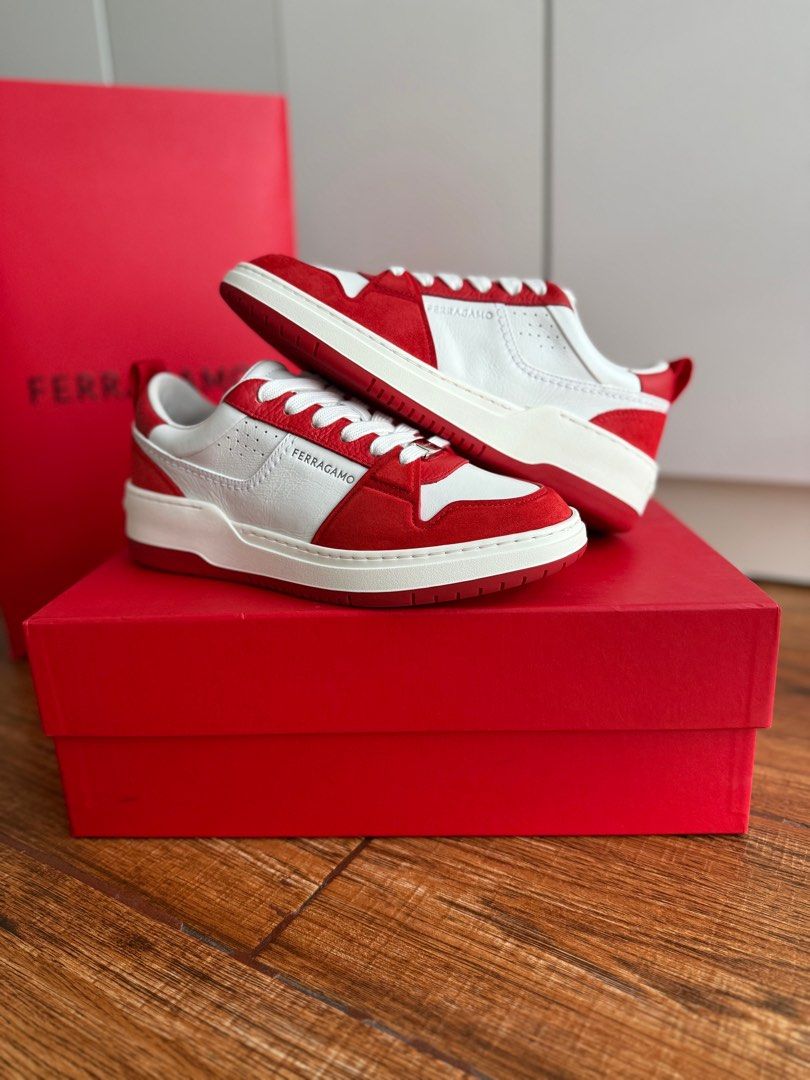 FERRAGAMO - Womens Sneakers - US 7.5 (Category: Sneakers) located in Manila. Submitted by offthenest (Listing ID 1396916928, Image 1). Description: Brand: Ferragamo Model: Dennis Colorway: Flame Red / White Size: 7.5 US Condition: Brand New RFS: Wrong size White and red ‘Dennis’ sneakers from FERRAGAMO. Made of leather, this regular width pair features an embossed logo, perforations and suede inserts. MOP: BPI / GCASH NO SWAPS #ferragamo #sneaker