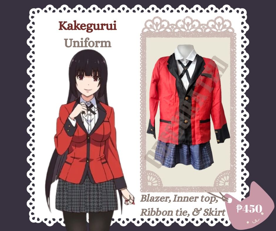 SALE: Kakegurui Cosplay Set [UNIFORM ONLY] (Category: Dresses) located in Bacoor. Submitted by obscurated (Listing ID 1396907437, Image 1). Description: INCLUSIONS: - Includes: Blazer, inner top, ribbon tie, and skirt ⁺‧₊˚ ཐི⋆♱⋆ཋྀ ˚₊‧⁺ Please READ the following before sending a DM: ♡ Mine Basis only. ♡ Prices are indicated in photos ♡ Payment first before shipment. Accepting GCash / Bank transfer ♡ No Rush Shipping - can usually ship on Monday (s