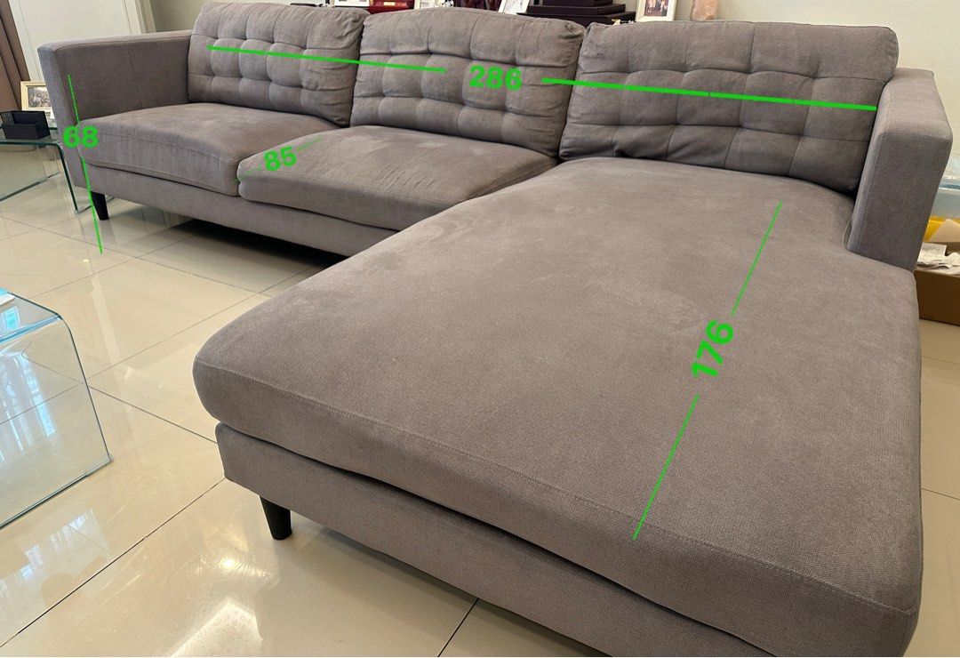 Our Home L-shaped sofa (Category: Sofas) located in Quezon City. Submitted by merchperchco (Listing ID 1396918922, Image 3). Description: Our Home Large L-shaped sofa Color gray See photos for the dimension In good condition Bought for around 57,000 in 2022 Rfs: change of living room theme Pick up location: Scout area, QC Shipping fee c/o buyer.