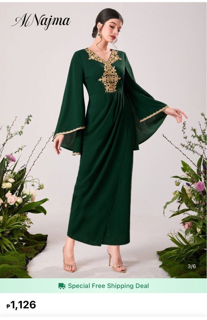 Shein Dark Green Dress (Category: Dresses) located in Quezon City. Submitted by elle.27 (Listing ID 1396876787, Image 1). Description: Used once Large size Very elegant and pretty! Pm for when worn Link on Shein: Al Najma Floral Appliques Contrast Trim Trumpet Sleeve Dress I discovered amazing products on SHEIN.com, come check them out! http://api-shein.shein.com/h5/sharejump/appjump?link=l5eDiTWmgaa_8&localcountry=PH&url_from=GM74286156620.
