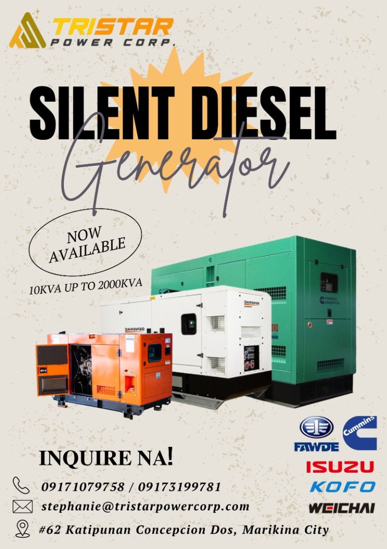 Silent Diesel Generator (Category: Construction Tools & Equipment) located in Marikina City. Submitted by tristar_ (Listing ID 1396888910, Image 1). Description: - Silent Diesel Generators available - Power Output: 10KVA - 2000KVA - Brands: FAWDE, ISUZU, CUMMINS, WEICHAI, WEIFANG - Contact: - Phone: 09171079758 - Email: stephanie@tristarpowercorp.com - Location: #62 Katipunan Concepcion Dos, Marikina City.