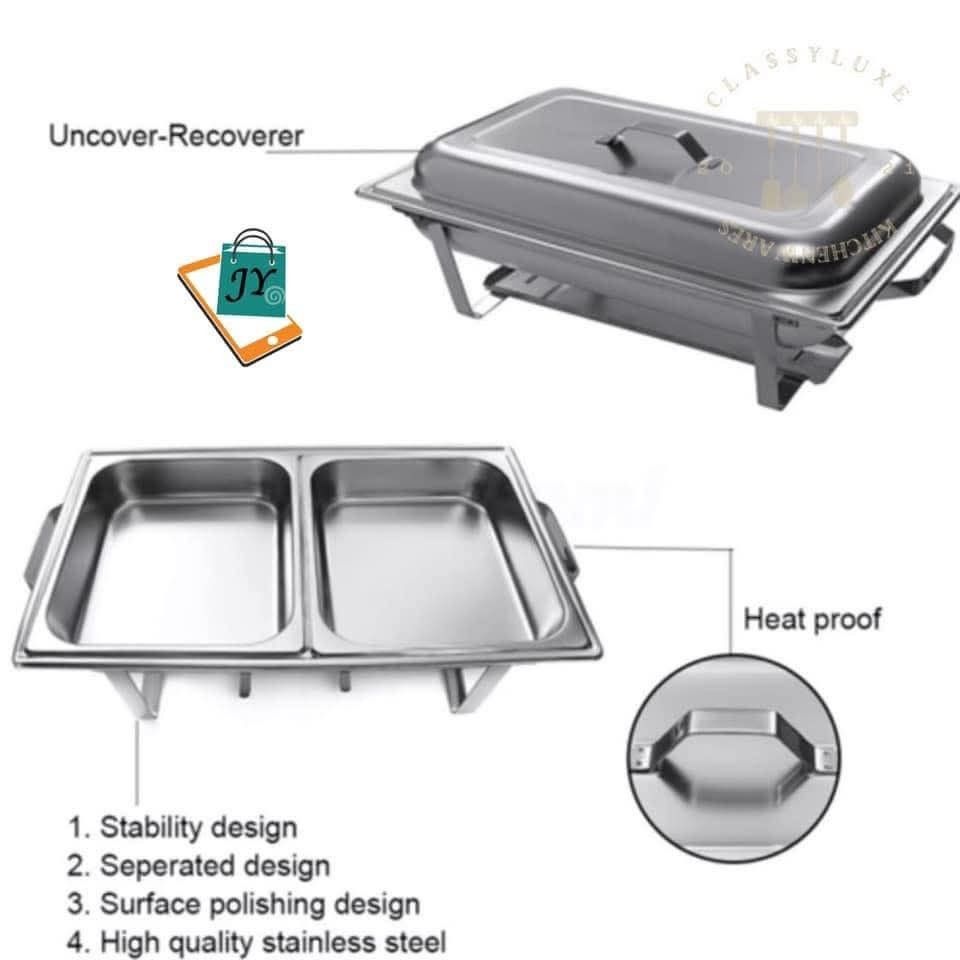 Stainless Steel Chafing Dish with Dual Compartments (Category: Food Organization & Storage) located in Manila. Submitted by ncledlcrz (Listing ID 1396972588, Image 2). Description: - Dual compartment design - Heat-proof and stable - Polished stainless steel finish - Easy-to-use lid - Made of high-quality stainless steel - Ideal for events.