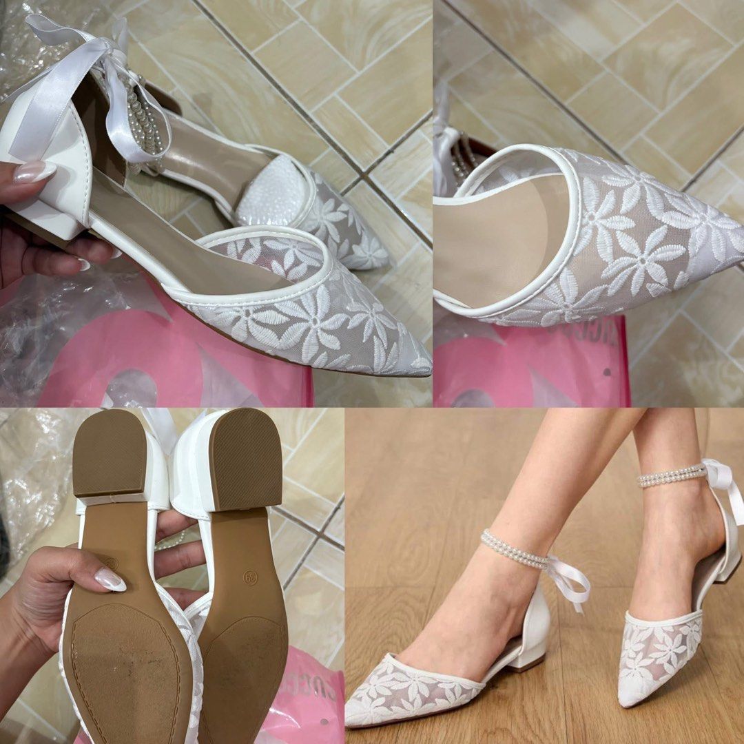 White Floral Lace Wedding Shoes (Category: Heels) located in Makati City. Submitted by mayrizesantos_2025 (Listing ID 1396993663, Image 1). Description: - White wedding shoes - used for 4 hours Size US 7.5 / CN39 / 9.6 in | Heel height 0.88 in ₱500 selling price (original price ₱639).