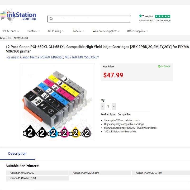 24 Pack UNUSED CLI 651 XL PGI 650 Ink for Canon Pixma IP7260 MX926 MG5 (Category: Electronics Others) located in North Melbourne. Submitted by thriftologymelbourne (Listing ID 1397036680, Image 3). Description: 24-PACK of Unopened Unused #Canon #PIXMA #Inkjet #Cartridge Sets. SAVE $48, Cost $96. Pickup yourself or it can be delivered direct to you in MELBOURNE for a small additional fee. Grab it today—priced to sell fast! Message me now!.