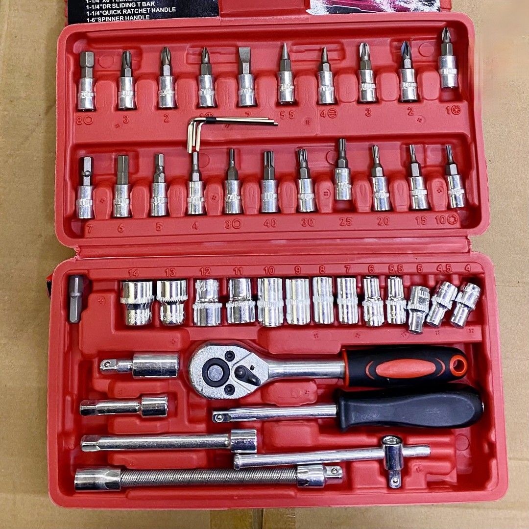 46-Piece Socket Wrench Set (Category: Construction Tools & Equipment) located in Manila. Submitted by lyfrancois14 (Listing ID 1397039361, Image 2). Description: - 46-piece socket wrench set - Includes: - 21 bit sockets - 13 - 1/4" DR sockets - 3 hex wrenches - 1/4" DR universal joint - Extension bars - Flexible extension - Sliding T bar - Quick ratchet handle - Bit adaptor - Comes in a red case for easy storage and organization.