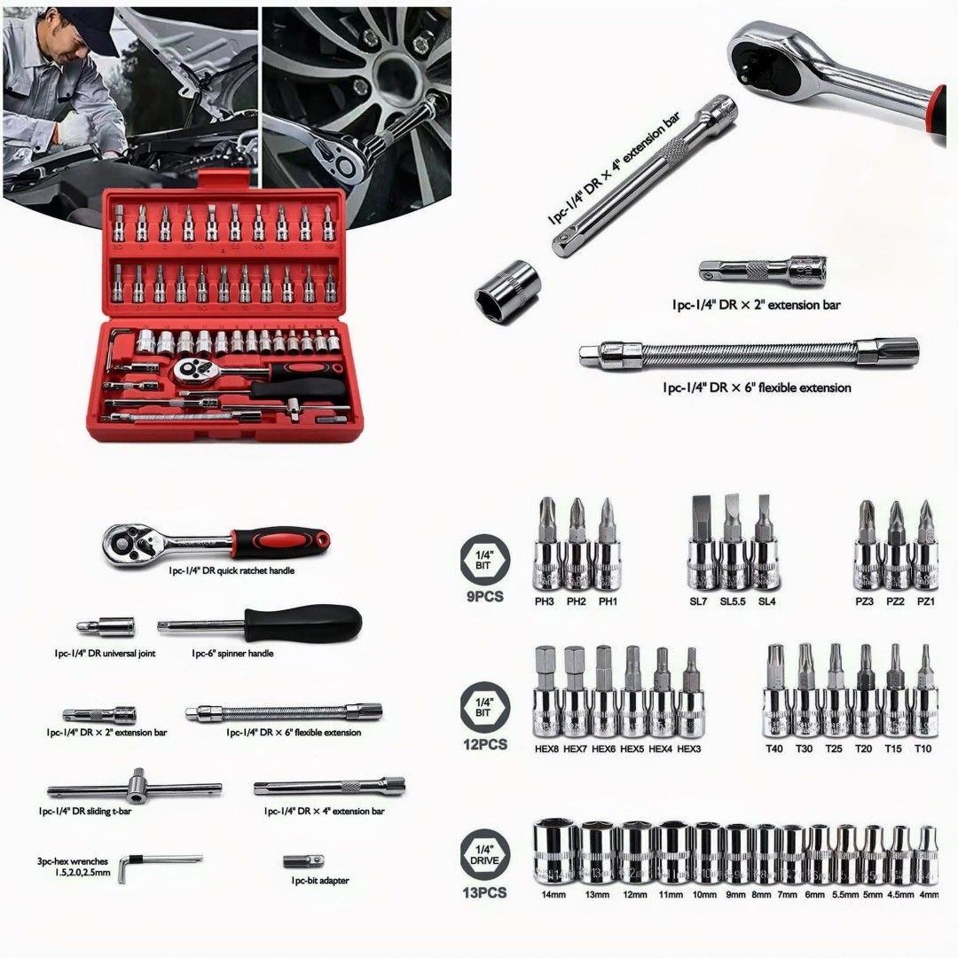 46-Piece Socket Wrench Set (Category: Construction Tools & Equipment) located in Manila. Submitted by lyfrancois14 (Listing ID 1397039361, Image 3). Description: - 46-piece socket wrench set - Includes: - 21 bit sockets - 13 - 1/4" DR sockets - 3 hex wrenches - 1/4" DR universal joint - Extension bars - Flexible extension - Sliding T bar - Quick ratchet handle - Bit adaptor - Comes in a red case for easy storage and organization.