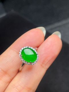 秒殺天然A貨翡翠銀鑲冰綠老種純淨蛋面戒指64221337133570110