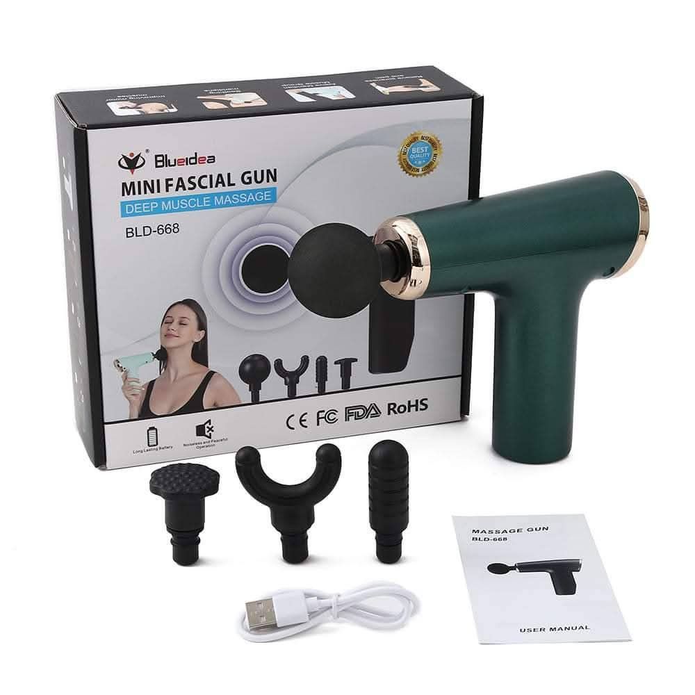 Bluedea Mini Fascial Gun BLD-668 (Category: Massage Devices) located in Manila. Submitted by lyfrancois14 (Listing ID 1397036026, Image 1). Description: - Bluedea Mini Fascial Gun for effective muscle massage. - Comes with various massage heads for different needs. - Package includes: massage gun, massage heads, USB charging cable, and user manual. - Stylish design: Green with gold accents. - Model: BLD-668.