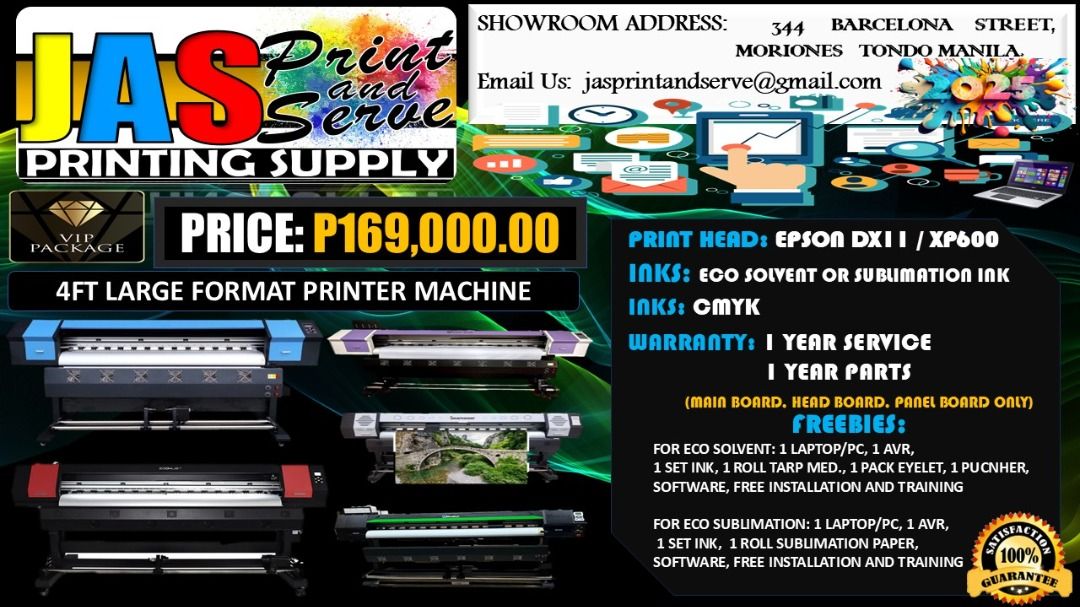 Brand New Large Format Printer, Sublimation Printer, Tarpaulin Printer, Eco Solvent PRinter, DTF Printer (Category: Printers, Scanners & Copiers) located in Quezon City. Submitted by joemhelbarros272612 (Listing ID 1397135744, Image 1). Description: Supplier here! Looking for top-quality printing equipment and supplies? Look no further than JASPrint And Serve Printing Supply! We're easy to find and always ready to serve. Address: 344 Moriones Str