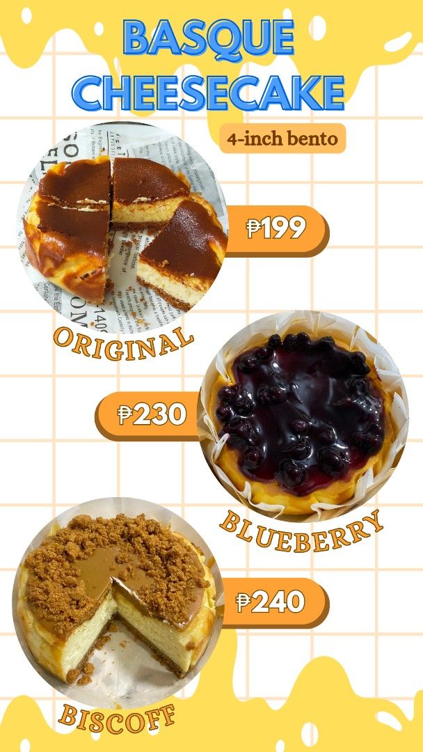 Burnt Basque Cheesecake 4-inch Bento (Category: Homemade Bakes) located in Caloocan City. Submitted by arielleseline113-29816 (Listing ID 1397141754, Image 1). Description: 4-inch Basque Cheesecake Flavors: - Classic: ₱199 - Blueberry: ₱230 - Biscoff: ₱240 - Perfect for a sweet treat or small gathering - Creamy interior and caramelized top - Made to order ♥️ - OPEN FOR RESELLER.