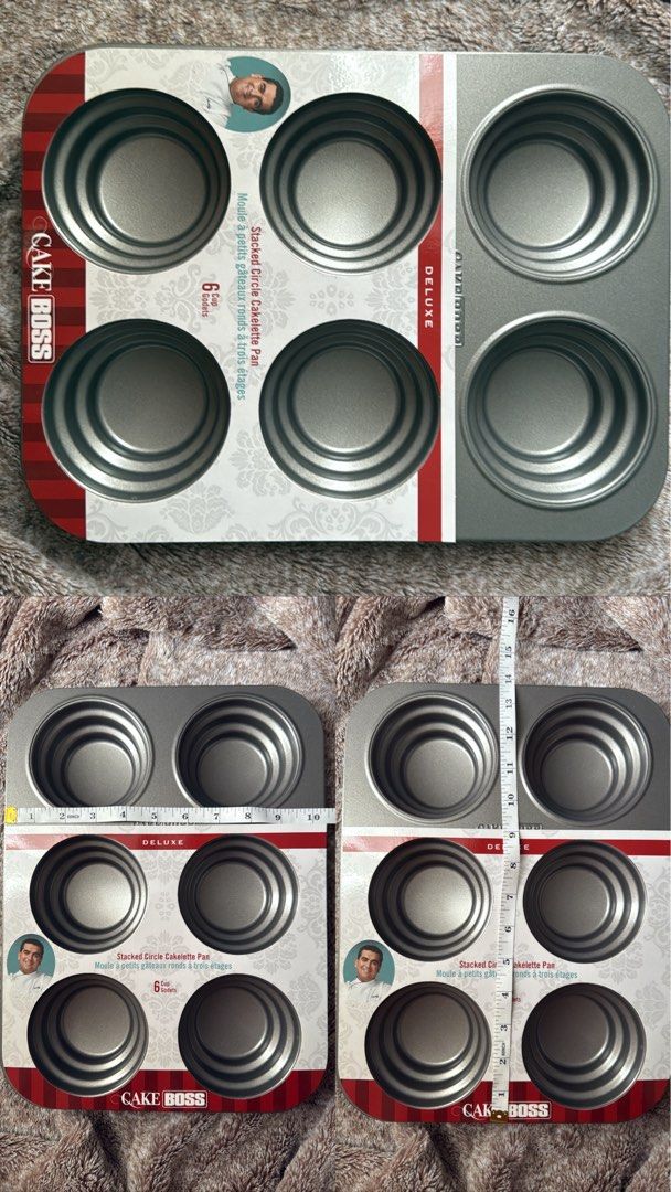 Cake Boss Stacked Circle Cakelette Pan (Category: Bakeware) located in Mandaluyong City. Submitted by fv_merch (Listing ID 1397202830, Image 1). Description: 1 piece per design sizes/dimensions are indicated in the photo unused branded.