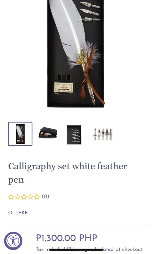 Calligraphy set white feather pen (Category: Stationery & School Supplies) located in Caloocan City. Submitted by ctrl12 (Listing ID 1397126942, Image 2). Description: never used issue: discoloration MOP: GCash MOD: J&T, Lalamove, Grab.