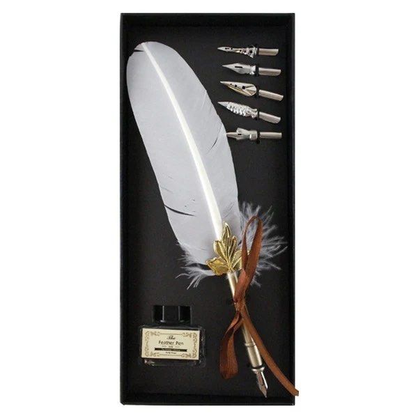 Calligraphy set white feather pen (Category: Stationery & School Supplies) located in Caloocan City. Submitted by ctrl12 (Listing ID 1397126942, Image 3). Description: never used issue: discoloration MOP: GCash MOD: J&T, Lalamove, Grab.