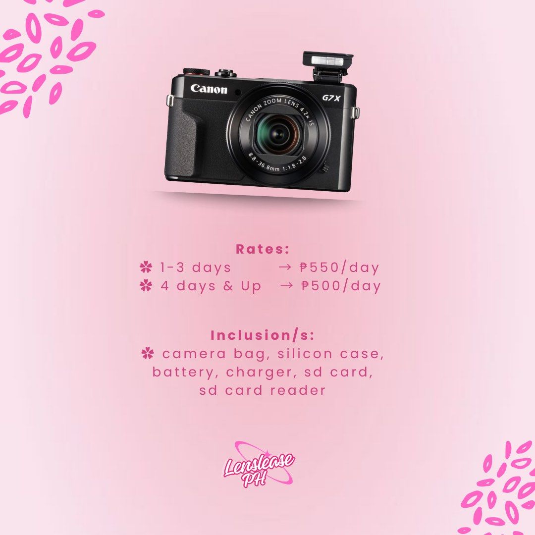 Canon G7X Mark II for Rent (Category: Cameras) located in Manila. Submitted by aa.declutterr (Listing ID 1396423941, Image 2). Description: canon g7x mark ii for rent! 📸 1-3 days = ₱550/day 4 days U = ₱500/day DM us to book! 💌 FB: Lenslease PH | IG: @lensleaseph.