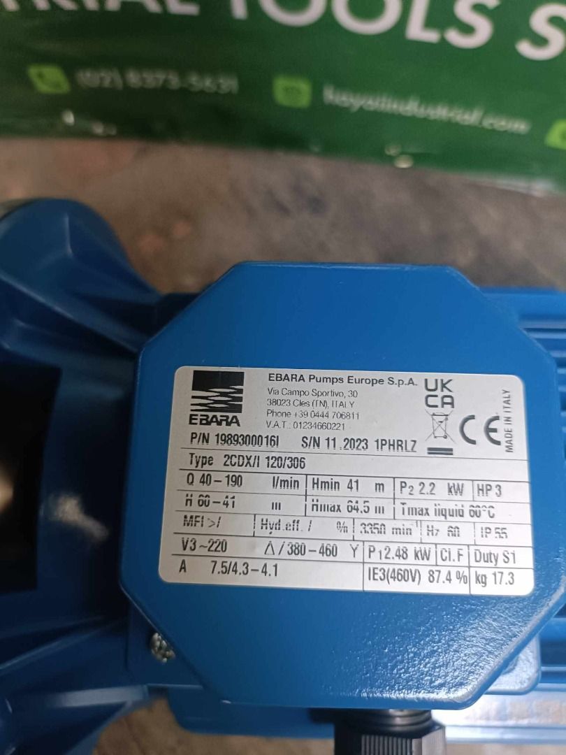 Ebara Centrifugal Pump (Category: Construction Tools & Equipment) located in Manila. Submitted by 09150361920ronvillaflor (Listing ID 1397061805, Image 2). Description: Ebara Centrifugal Pump Specs: 220v 3phase 60Hz 3hp Model: 2CDX/I 120/306 ₱55,000 "Welcome to Hayai Industrial tools supply corp." For inquiries 0-9-1-5-0-3-6-1-9-2-0 0-9-4-9-6-4-3-6-8-6-8 PRICE MAY CHANGE WITHOUT PRIOR NOTICE..