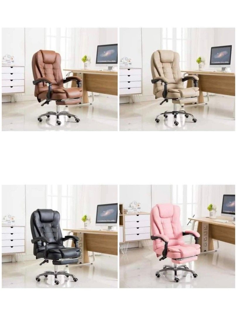 Ergonomic Office Chair with Footrest (Category: Office Furniture & Fixtures) located in Manila. Submitted by lyfrancois14 (Listing ID 1397046458, Image 1). Description: - Ergonomic office chair - Built-in footrest - High back for support - Comfortable armrests - Available colors: brown, beige, black, pink - Sturdy base with wheels - Perfect for long work or study sessions.