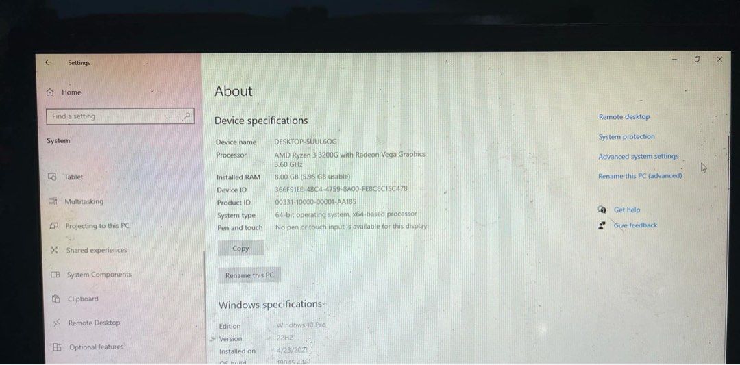 GAMING/STUDENT PC SET (Category: Desktops) located in Manila. Submitted by conqueron (Listing ID 1397066390, Image 3). Description: ‼️FOR SALE GAMING/STUDENT PC SET ‼️ 💻 Specs (Good performance for gaming, streaming, and everyday work tasks): ✅ Processor: AMD Ryzen 3 3200G with Radeon Vega Graphics 3.60 GHz ✅ RAM: 8.00 GB (5.93 GB usable) ✅ DEVICE ID: 366F91EE-4BC4-4759-8A00-FE8C8C15C478 ✅ PRODUCT ID: 00331-10009-00001-AA785 ✅ SYSTEM TYPE: 64-bi