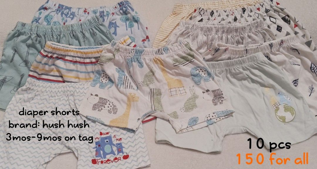 Hush Hush Diaper Shorts - 10 Pieces (Category: Babies & Kids Fashion) located in Quezon City. Submitted by lion_s (Listing ID 1397120682, Image 1). Description: kindly wash before use. Selling preloved of my son 0-12months. Prices are in orange font of each pics. Shipping thru lalamove or you can book courrier you prefer. exact pick up address will be given once paid. >payment thru gcash/no reservations please. >lowered the prices already so plea