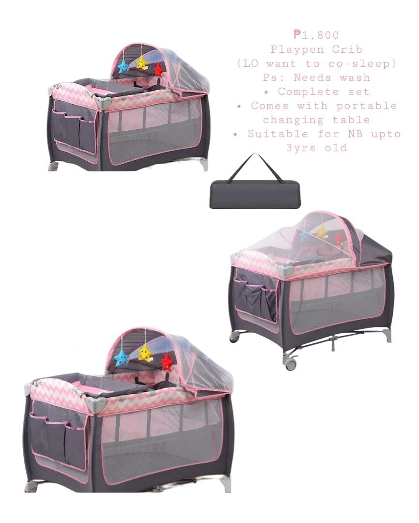 Playpen Crib with Changing Table (Category: Cots & Cribs) located in Paranaque City. Submitted by _arysss_ (Listing ID 1397187062, Image 1). Description: 👉🏼 Comes with mattress and sheet covers as freebies. 🫶🏼 Playpen crib suitable for newborns up to 3 years old. Comes with a portable changing table. The set includes everything you need. Note: Needs to be washed. Perfect for co-sleeping. The playpen has a pink and gray color scheme. .