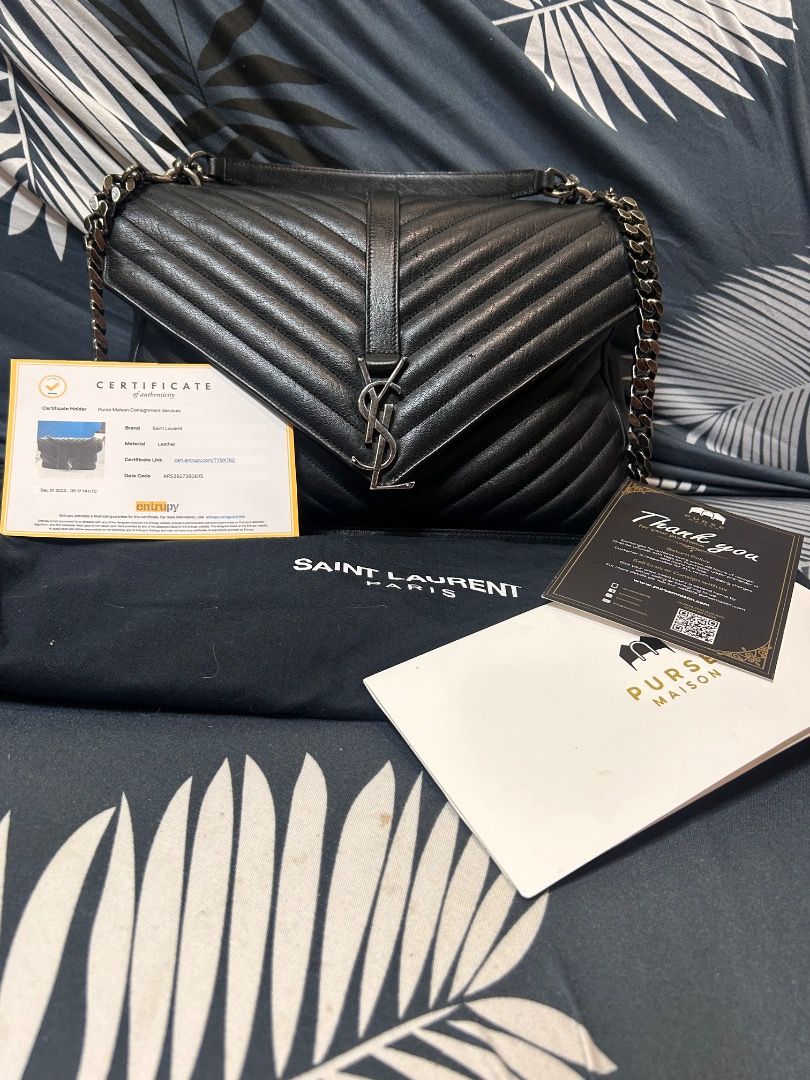 Saint Laurent College Bag (Category: Luxury Bags & Wallets) located in Caloocan City. Submitted by piamariemo11606 (Listing ID 1397196999, Image 1). Description: - Authentic Saint Laurent College Bag - Color: Black - Material: Leather - Design: Chevron-quilted - Features: Chain strap, top handle, flap closure with YSL logo - Includes: Dust bag, Certificate of Authenticity from Purse Maison.