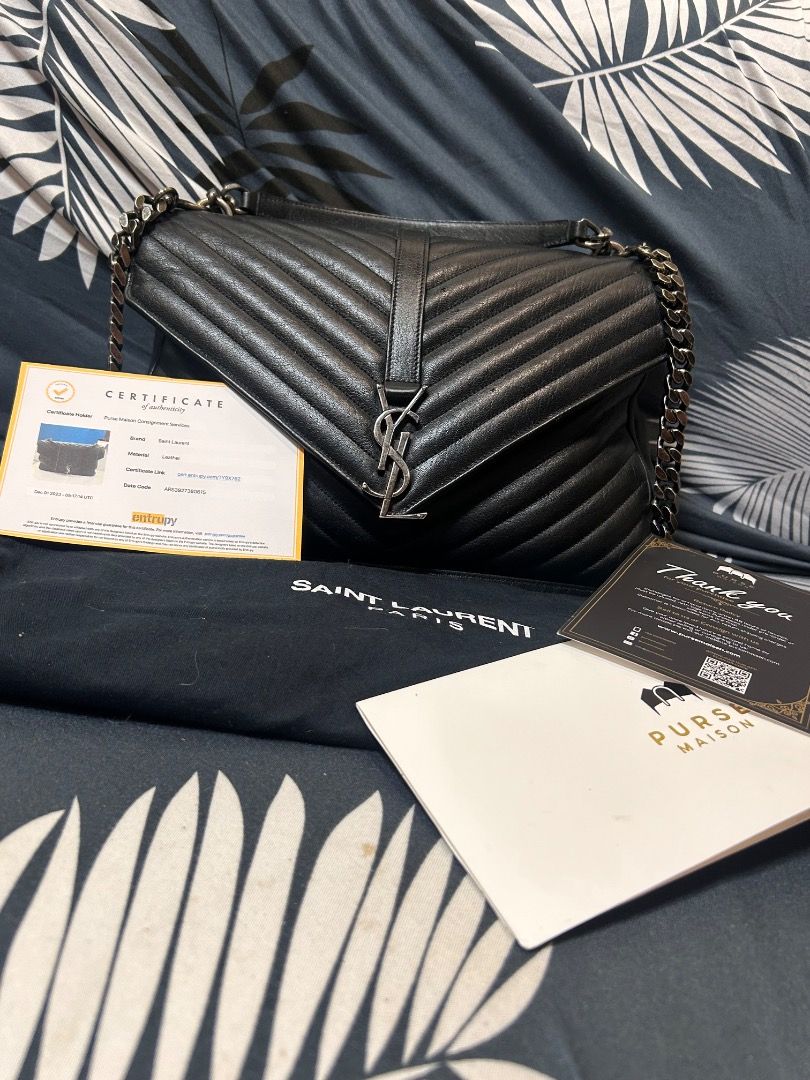 Saint Laurent College Bag (Category: Luxury Bags & Wallets) located in Caloocan City. Submitted by piamariemo11606 (Listing ID 1397196999, Image 2). Description: - Authentic Saint Laurent College Bag - Color: Black - Material: Leather - Design: Chevron-quilted - Features: Chain strap, top handle, flap closure with YSL logo - Includes: Dust bag, Certificate of Authenticity from Purse Maison.