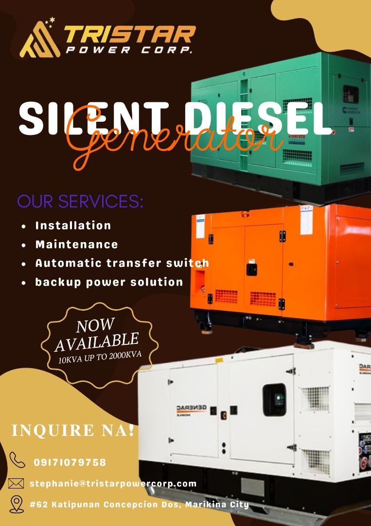 Silent Diesel Generator (Category: Construction Tools & Equipment) located in Marikina City. Submitted by tristar_ (Listing ID 1397118859, Image 1). Description: - Silent Diesel Generators: 10KVA - 2000KVA - Services Offered: - Installation - Maintenance - Automatic Transfer Switch - Backup Power Solutions - Contact us for more details! 𝐈𝐍𝐐𝐔𝐈𝐑𝐄 𝐍𝐀! 𝐂𝐨𝐧𝐭𝐚𝐜𝐭 #: 09171079758 𝐄𝐦𝐚𝐢𝐥: stephanie@tristarpowercorp.com.