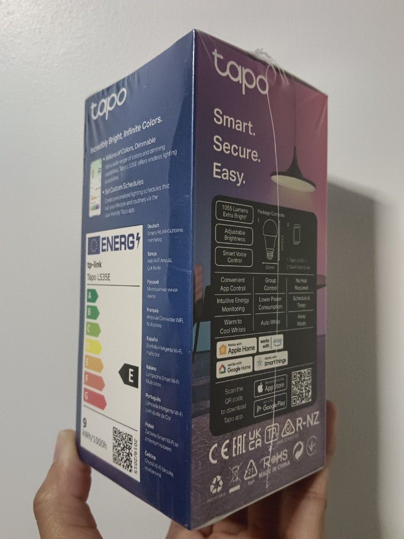 Tapo Smart Wi-Fi Light Bulb Multicolor L535E (Category: Lighting) located in Davao. Submitted by thedeclutteringcoffee (Listing ID 1397196585, Image 2). Description: - Still sealed and never been used (excess item) - 1100 lumens and 60W equivalent - Smart Home (works with Alexa and Google Home).