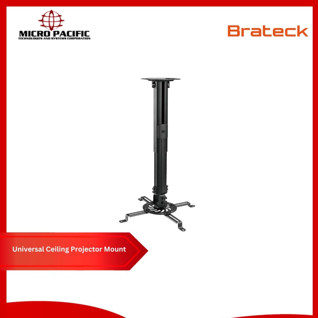 Universal Ceiling Projector Mount (Category: Projectors) located in Makati City. Submitted by micro_pacific (Listing ID 1397037491, Image 1). Description: The PRB-18S is a universal ceiling mount for projectors up to 13.5kg/29.7bs. Tilting ceiling plate for flat and sloping ceiling application. It offers multidirectional positioning with four adjustable support arms that can fit a wide range of mounting holes. The quick-release connector allows t