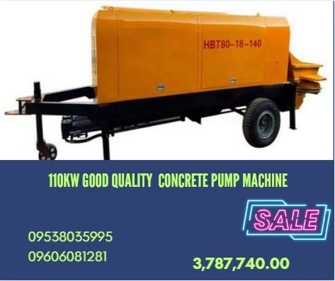 110kw good quality concrete pump machine (Category: Construction Tools & Equipment) located in Caloocan City. Submitted by 09263834248 (Listing ID 1397236492, Image 1). Description: Model LL-80 Dimensions 6m*1.95m*1.8m Power 110kw Weight 6200 KG Aggregate diameter 1-5cm Conveying height 450-600m Conveying length 180-250m Conveying rate: 70-90m³/H .