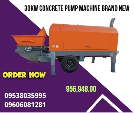 30KW CONCRETE PUMP MACHINE BRAND NEW (Category: Construction Tools & Equipment) located in Caloocan City. Submitted by 09513227950 (Listing ID 1397232866, Image 1). Description: Model: LL-25 Dimensions: 3.6m*1.5m*1.4m Power: 30kw Weight: 2500KG Aggregate diameter: 0.5-3cm Conveying height: 60M Conveying length: 120M Pipe diameter: 100/80mm Conveying rate: 15-20m³/H Voltage: 380 V3 phase .