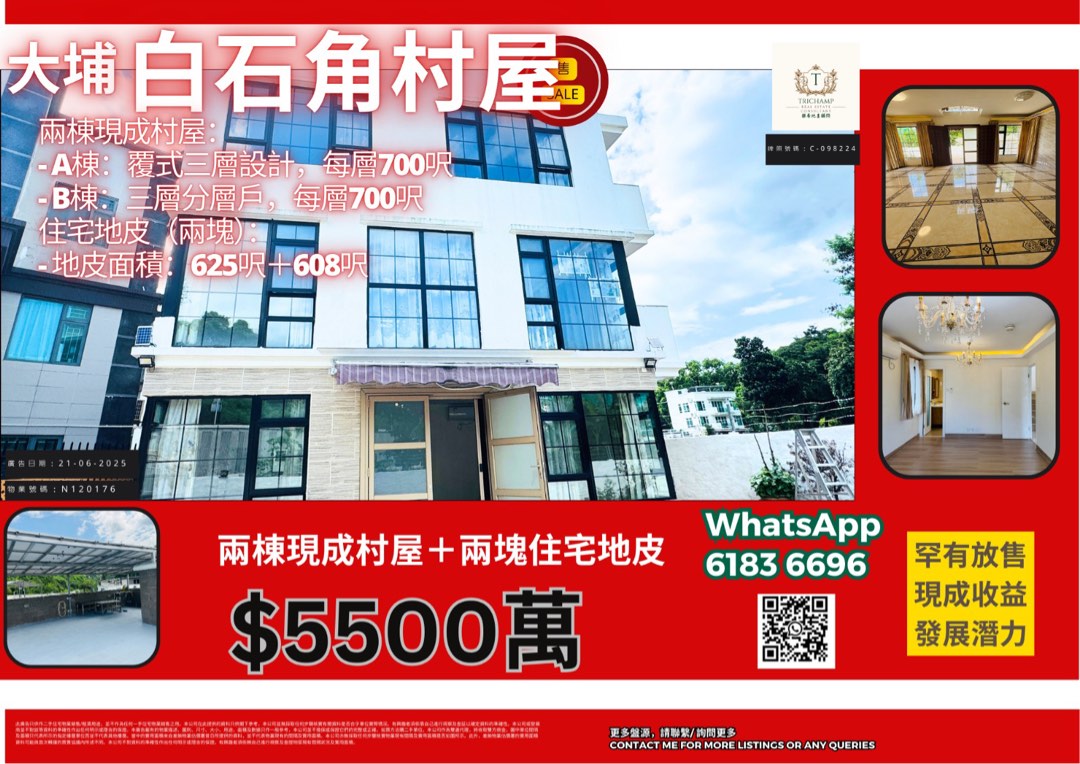 大埔白石角優質住宅項目｜兩棟現成村屋＋兩塊住宅地皮｜$5500萬｜免補地價64077577598338110