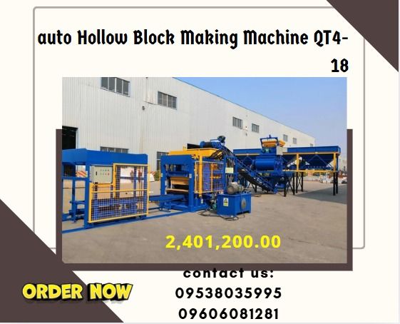 auto Hollow Block Making Machine QT4-18 (Category: Construction Tools & Equipment) located in Caloocan City. Submitted by baunsitshe84379 (Listing ID 1397280030, Image 1). Description: Type: Standard /Hollow/pavement Power: 19kw/auto Electrical source: 380V/50Hz Cycle: 16-18s Carriage Size: 850*550*30mm Method: Hydraulic Pressure Production Capacity: 240*115*53mm 26pcs/mould 400*240*200mm 3pcs/mould 400*200*200mm 4pcs/mould Overall Size: 3680*190