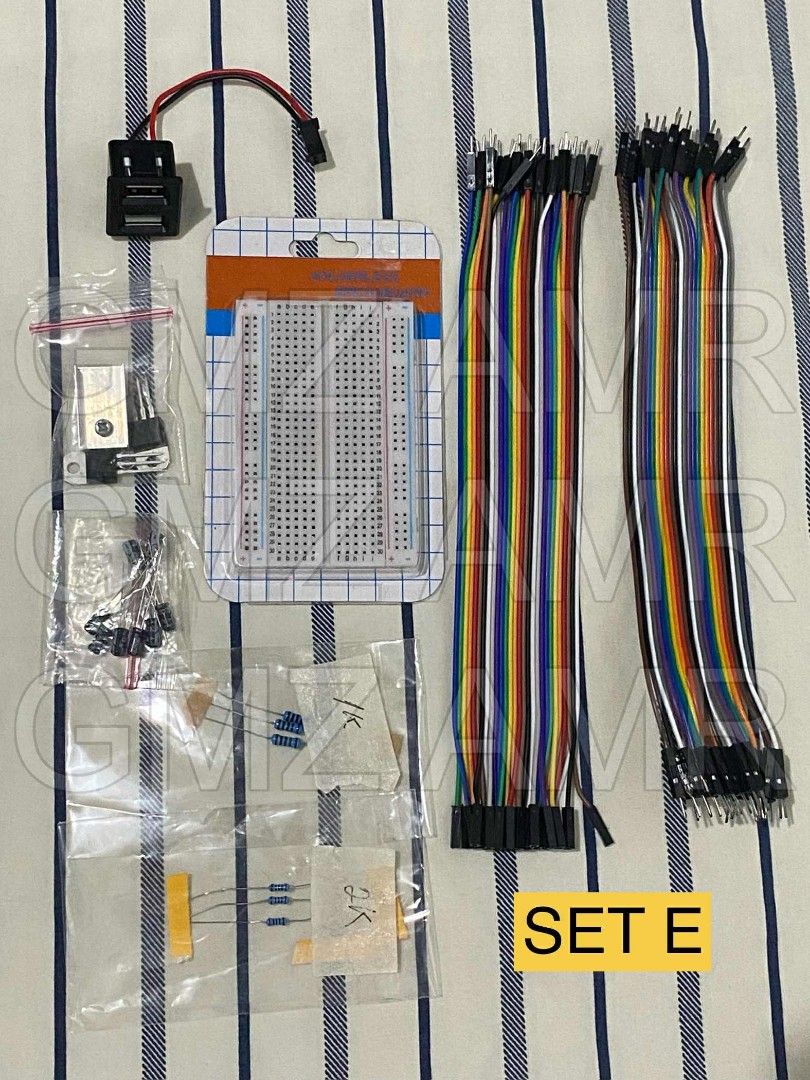 Electronics Component Kit (Category: Cables & Adaptors) located in Manila. Submitted by chimscart (Listing ID 1397364458, Image 1). Description: SET E • Breadboard 40p tie points half • Double layer USB female socket • 1k and 2k metal film resistor • Electrolyctic Capacitor (10uF 25v) • lm7805 voltage regulator with heatsink • Jumper Wires 20cm (Male-Male) and (Male-Female) Last Price Posted ! Used only for our capstone project prototype (used bu
