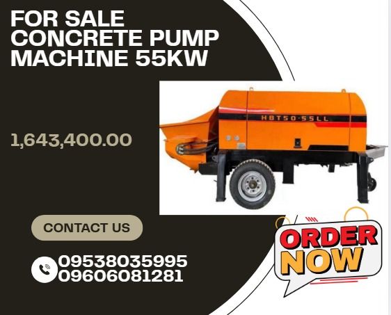 for sale concrete pump machine 55kw (Category: Construction Tools & Equipment) located in Caloocan City. Submitted by 09263834248 (Listing ID 1397235332, Image 1). Description: Model LL-50 Dimensions 4.2*1.5*1.5m Power 55kw Weight 2800 KG Aggregate diameter 0.5-4cm Conveying height 160M Conveying length 300M Pipe diameter 100/80mm Conveying rate 25-30m³/H Voltage: 380 V3 phase .
