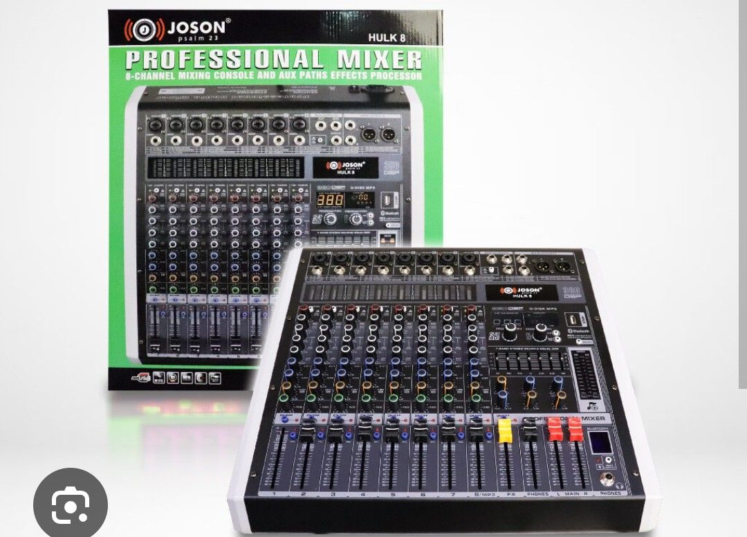 Joson Hulk 8 Audio Mixer (Category: Other Audio Equipment) located in Quezon City. Submitted by dadadeyn (Listing ID 1096579556, Image 1). Description: Original 101% no hidden issue No repairs All features are working Effects on monitor 3 Aux Monitor Individual phantom Matigas pa mga fader No kalawang Bluetooth Pwd iconnect sa laptop Test to sawa Fresh Rfs. Emergency.