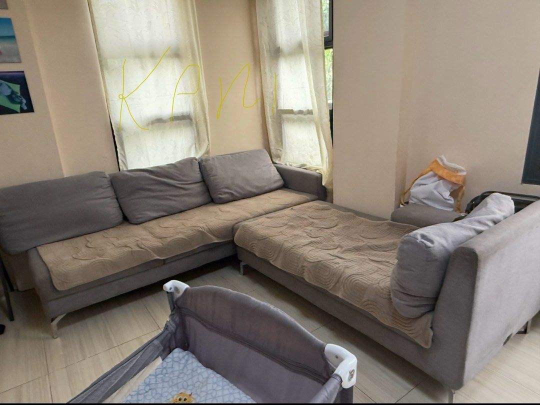 MATTEO 4 Seater L-shape Sofa (Left) (Category: Sofas) located in Quezon City. Submitted by rpocampo (Listing ID 1397349839, Image 1). Description: - MATTEO 4-seater L-shape sofa - Color: Parson Light Gray - Features a chaise lounge on the left side - Dimensions: 328.4cm (129.2") long, 169cm (66.5") wide, 90cm (35") high - Seat height: 44cm (17") - RFS: Need cash - Delivery: Lalamove - Pick up only - Project 8 QC location - Ipapalinis ko po bago n