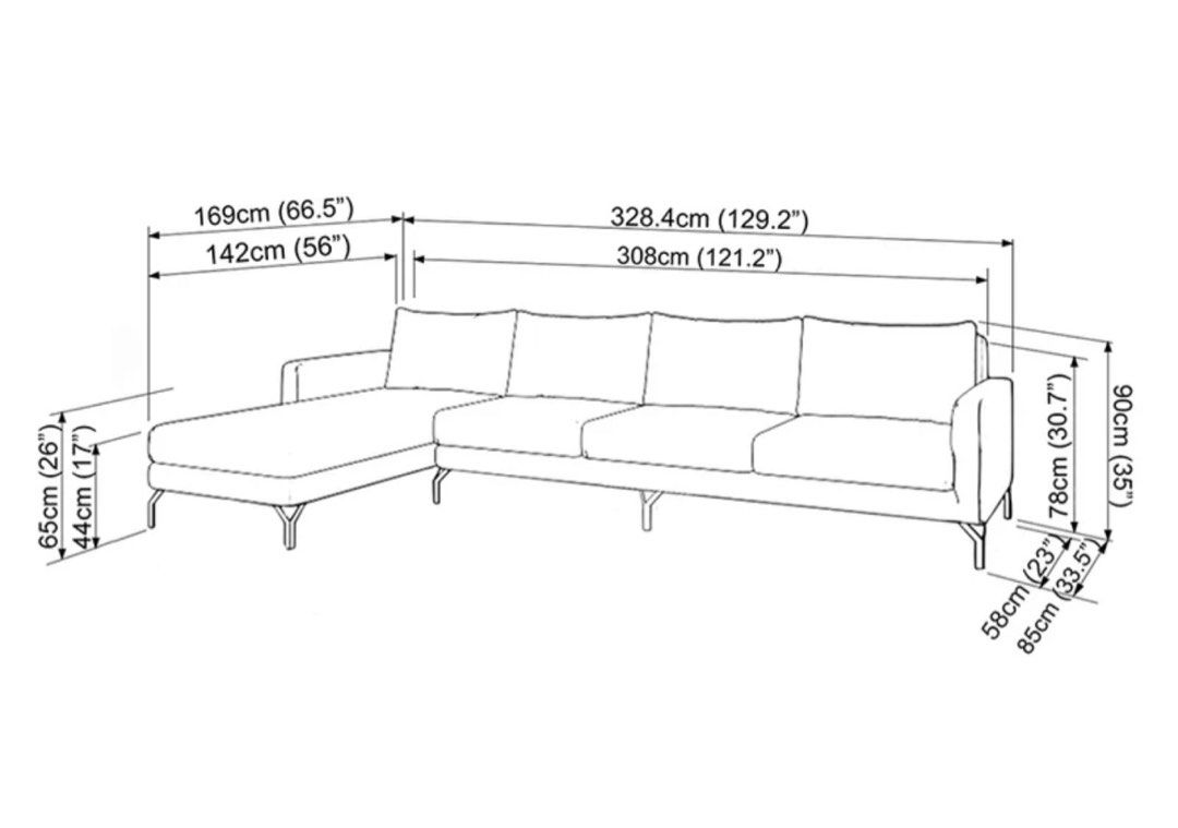 MATTEO 4 Seater L-shape Sofa (Left) (Category: Sofas) located in Quezon City. Submitted by rpocampo (Listing ID 1397349839, Image 3). Description: - MATTEO 4-seater L-shape sofa - Color: Parson Light Gray - Features a chaise lounge on the left side - Dimensions: 328.4cm (129.2") long, 169cm (66.5") wide, 90cm (35") high - Seat height: 44cm (17") - RFS: Need cash - Delivery: Lalamove - Pick up only - Project 8 QC location - Ipapalinis ko po bago n