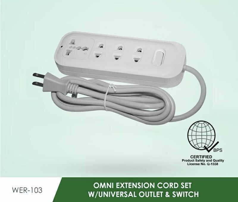 Omni Extension Cord Set WER-103 (Category: Electrical, Adaptors & Sockets) located in Manila. Submitted by oto-solar (Listing ID 1397293659, Image 3). Description: - Omni extension cord set - Universal outlets - With switch - Certified safe (Q-1558) - Multiple outlets - White cable - For various electrical devices.